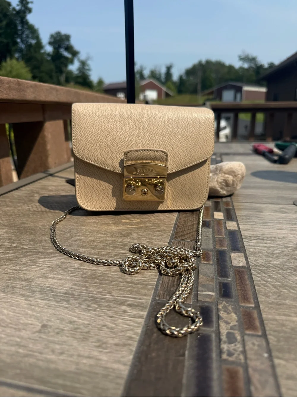 EUC Furla Metropolis Mini Beige Leather Crossbody Bag